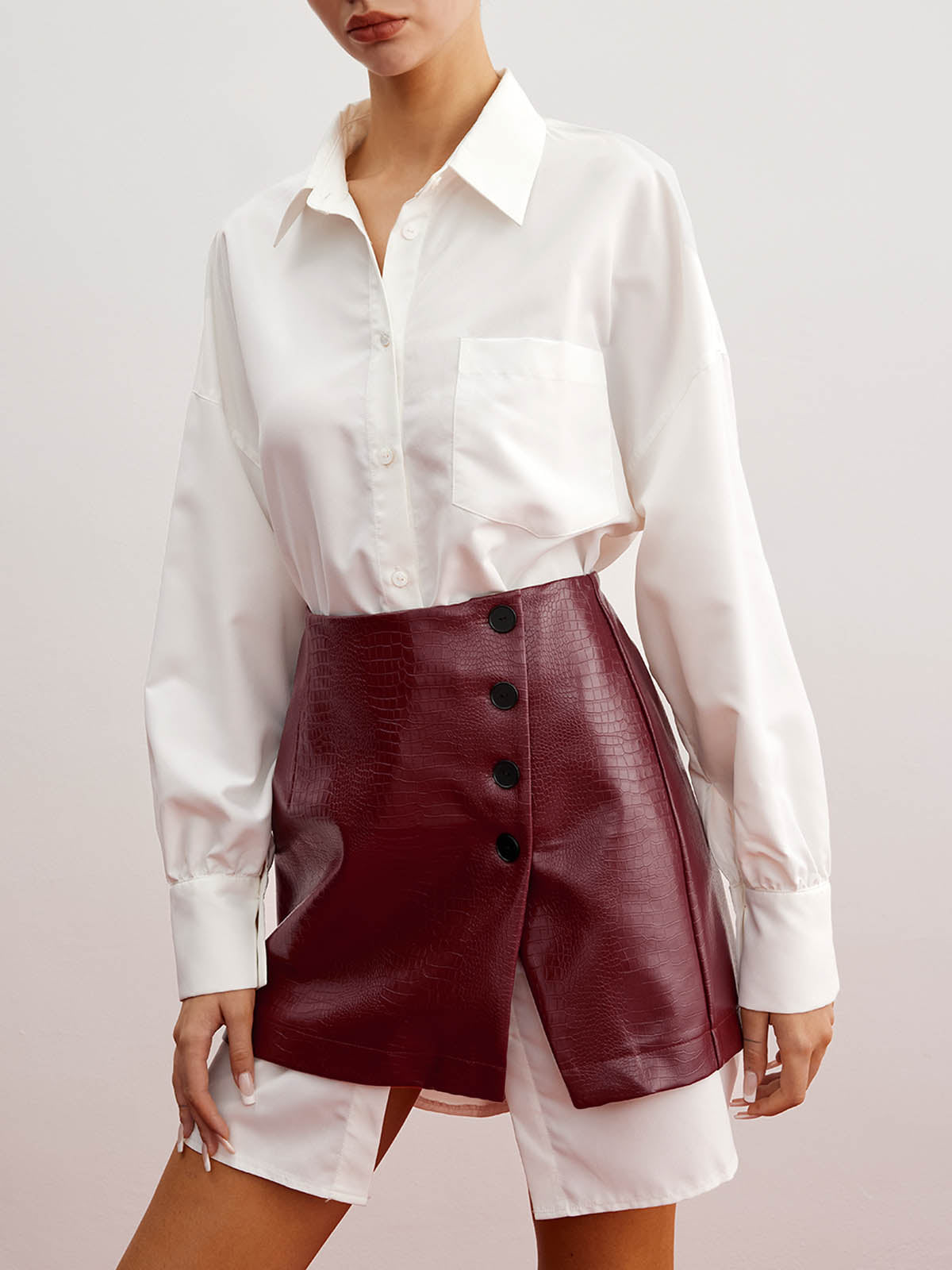 Casual Solid Shirt With Faux Leather Mini Skirt Set-CALLISTARI
