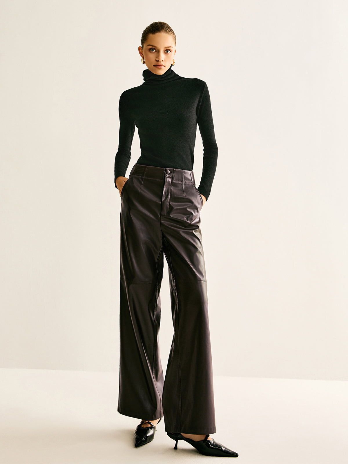 Faux Leather Mid Waist Pants-Mesadic
