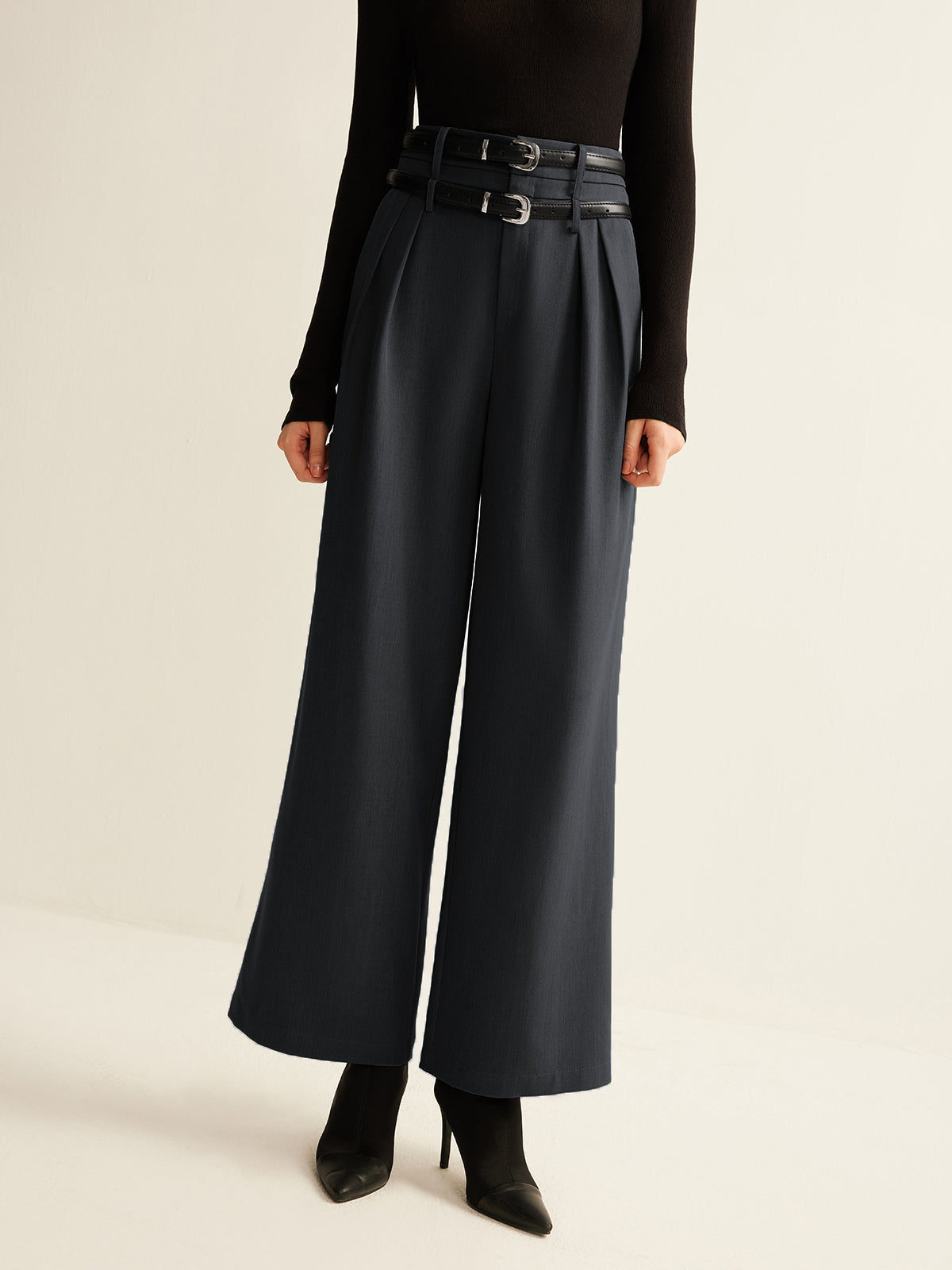 Double-Belt Pleated Straight Pants-Mesadic