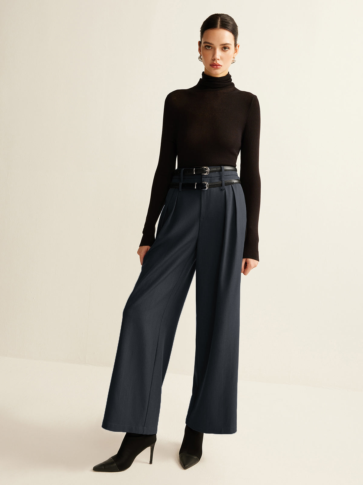 Double-Belt Pleated Straight Pants-Mesadic