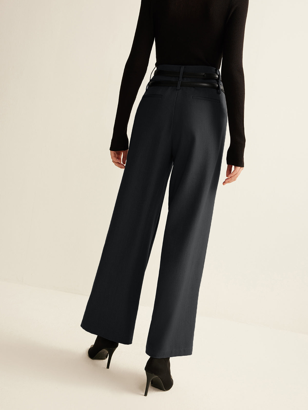 Double-Belt Pleated Straight Pants-Mesadic