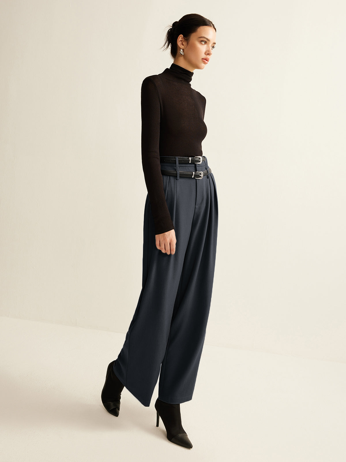 Double-Belt Pleated Straight Pants-Mesadic