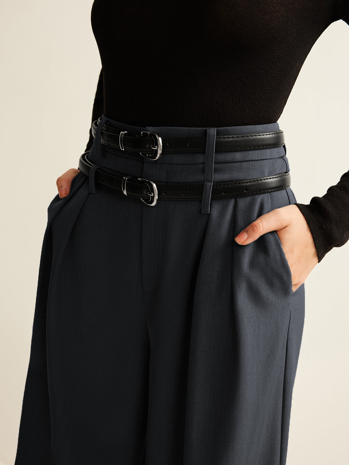 Double-Belt Pleated Straight Pants-Mesadic