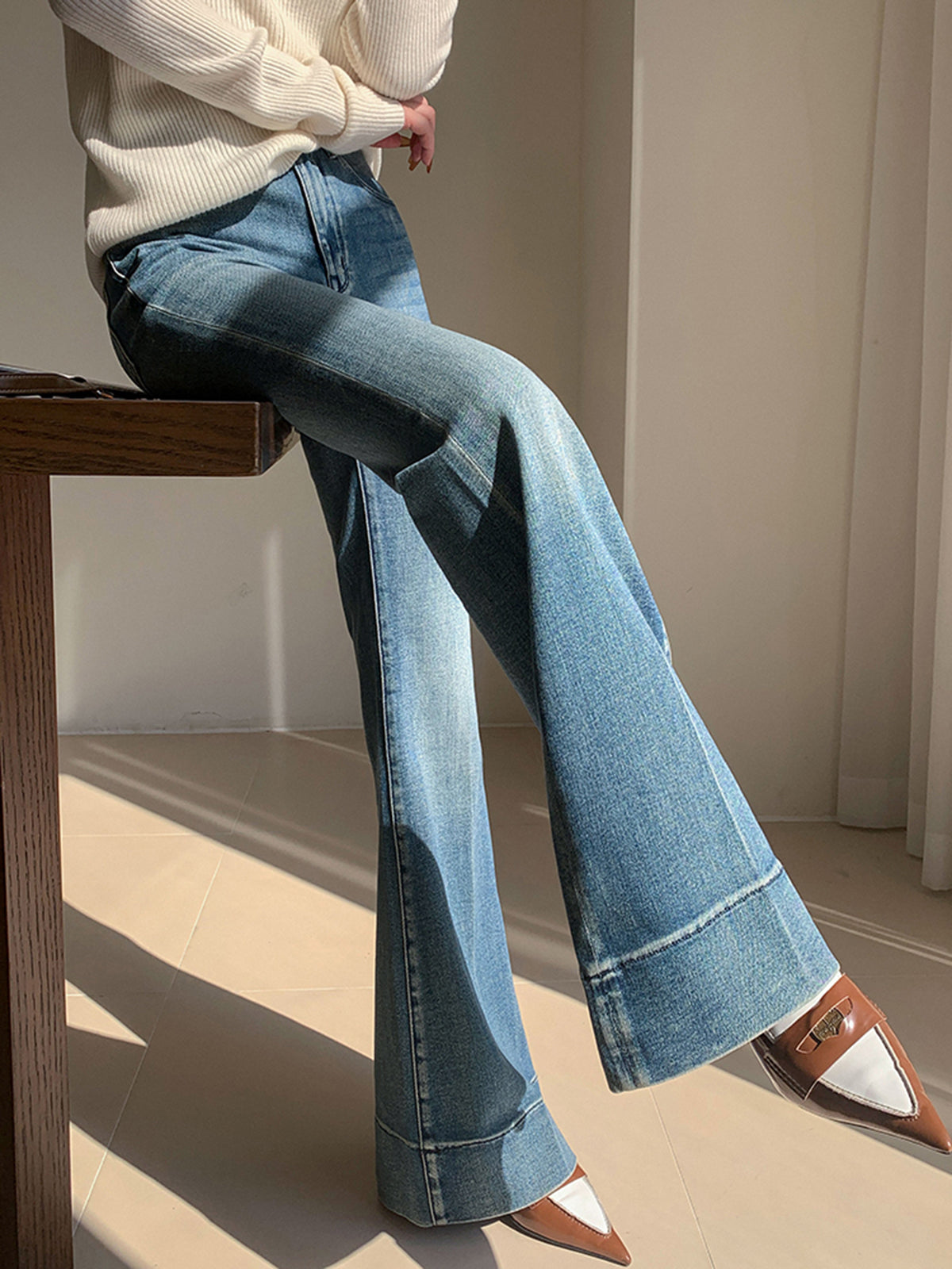 Washed Slim Draped Denim Pants-Mesadic