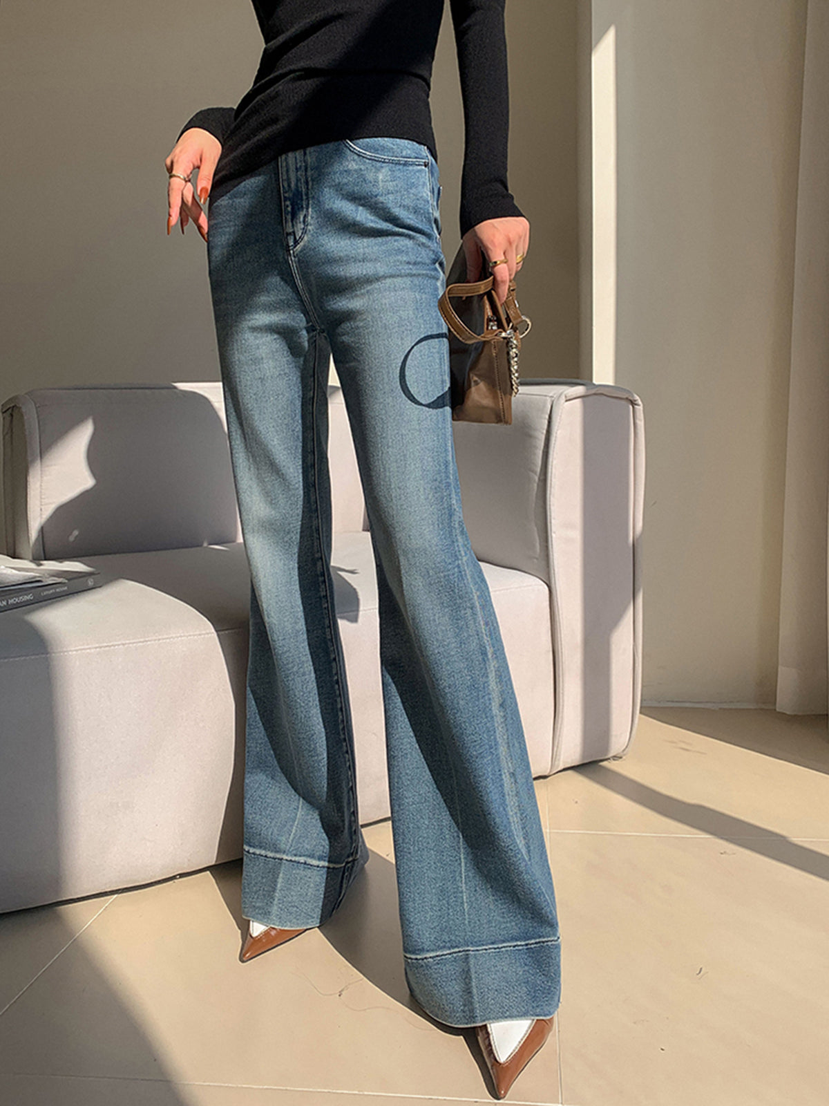 Washed Slim Draped Denim Pants-Mesadic