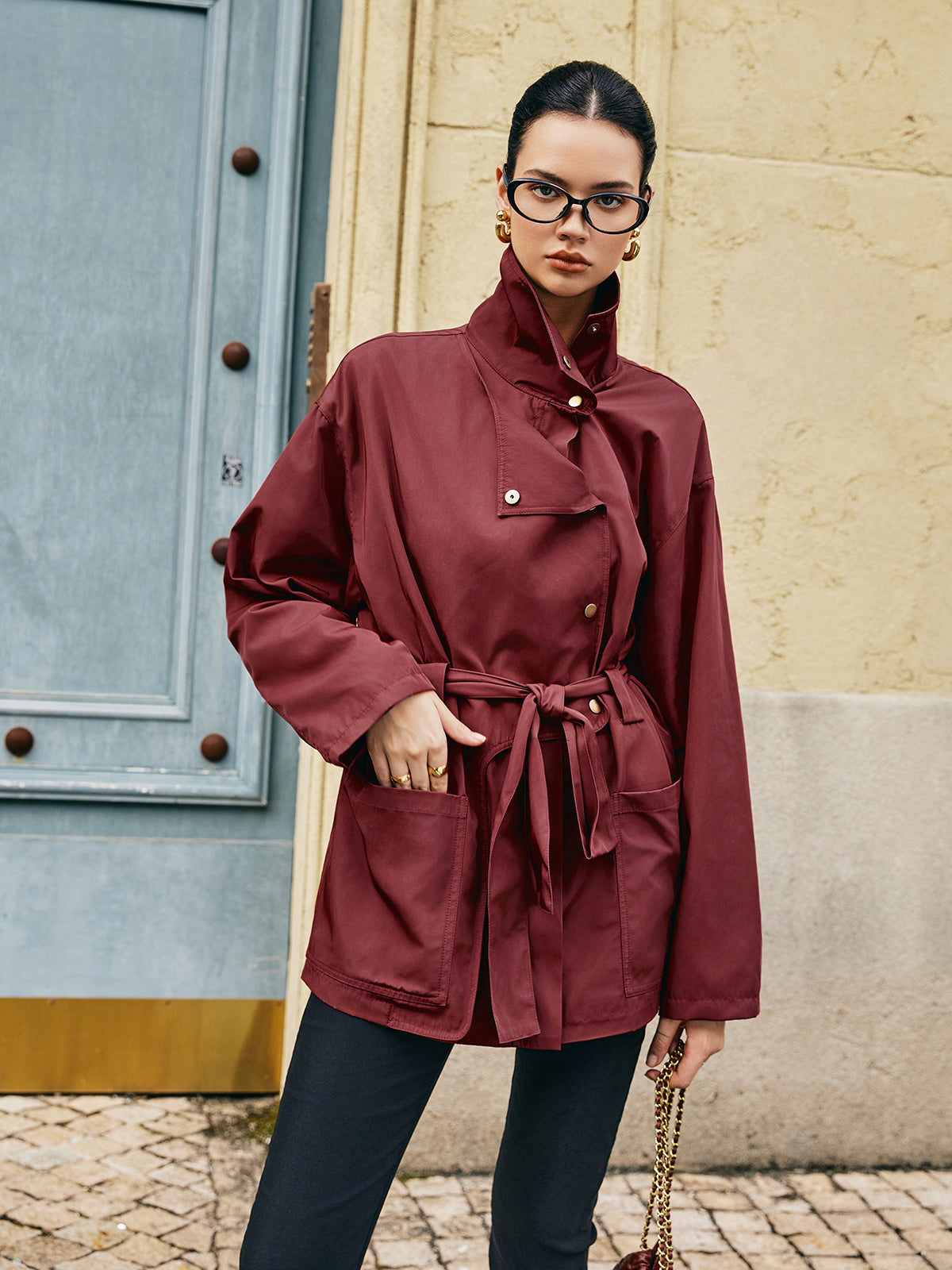 Retro Asymmetrical Belted Trench Coat-Mesadic