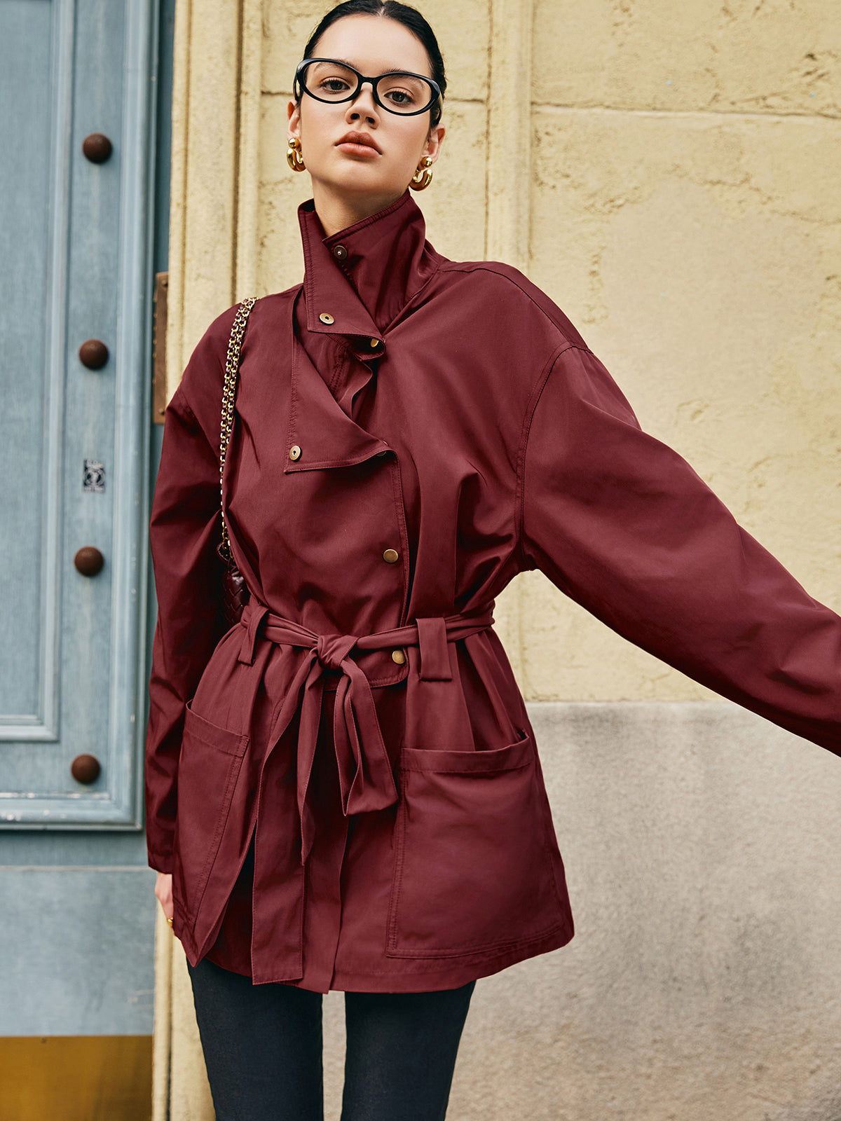 Retro Asymmetrical Belted Trench Coat-Mesadic