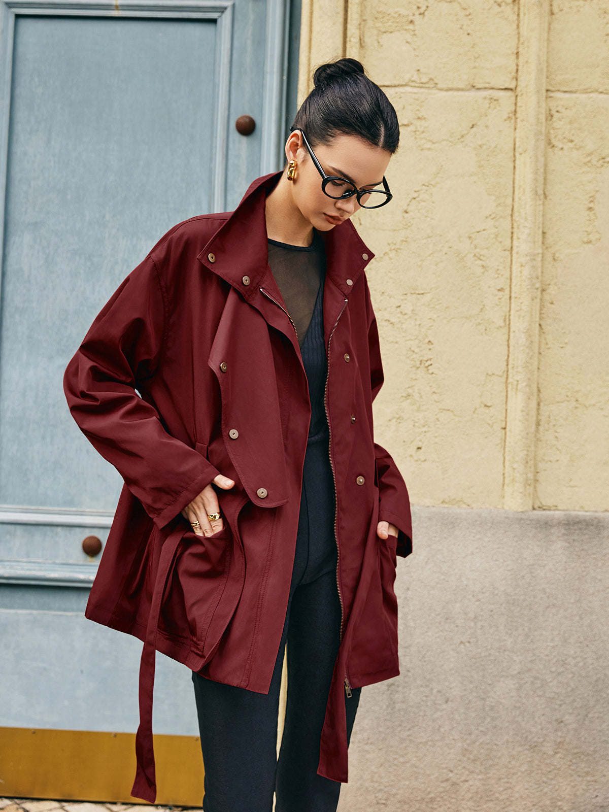 Retro Asymmetrical Belted Trench Coat-Mesadic