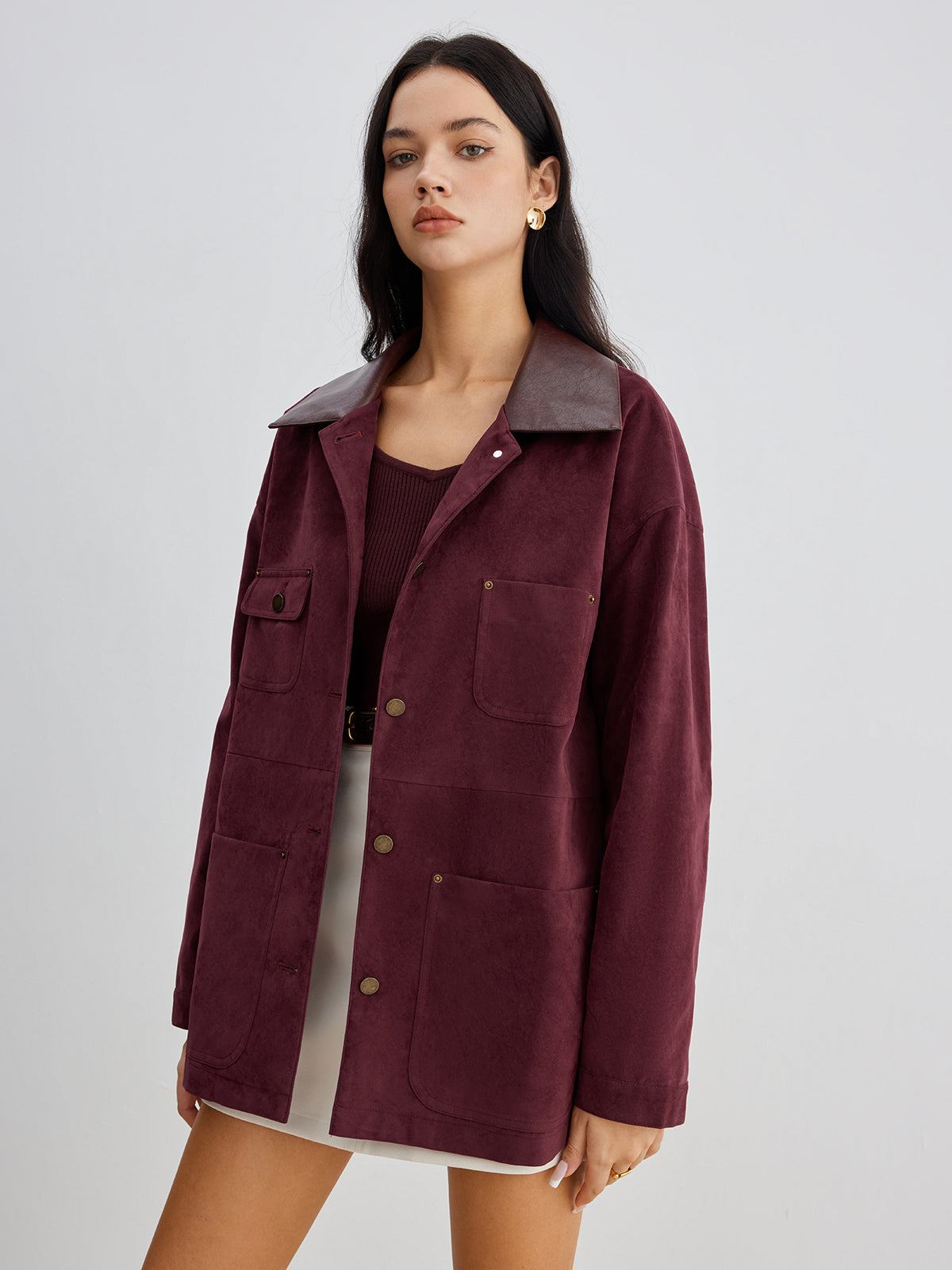 Suede Contrast Collar Pockets Jacket-Mesadic