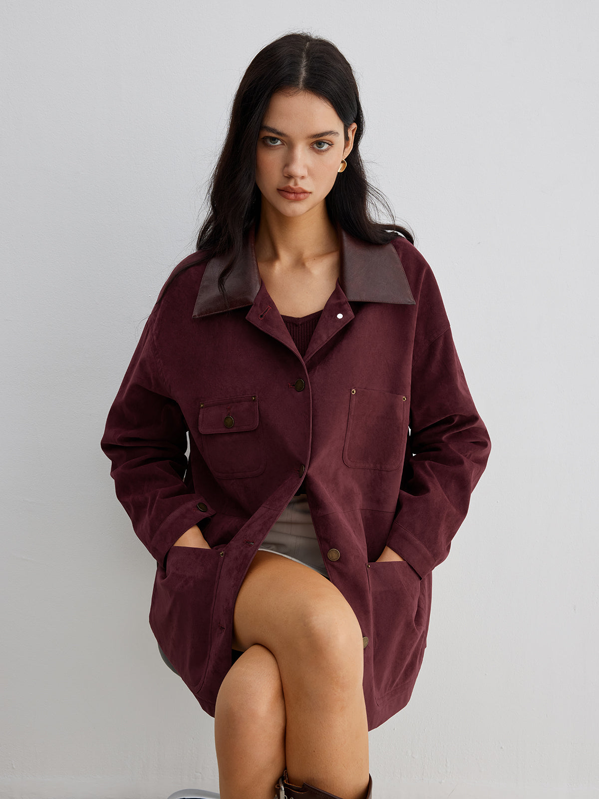 Suede Contrast Collar Pockets Jacket-Mesadic