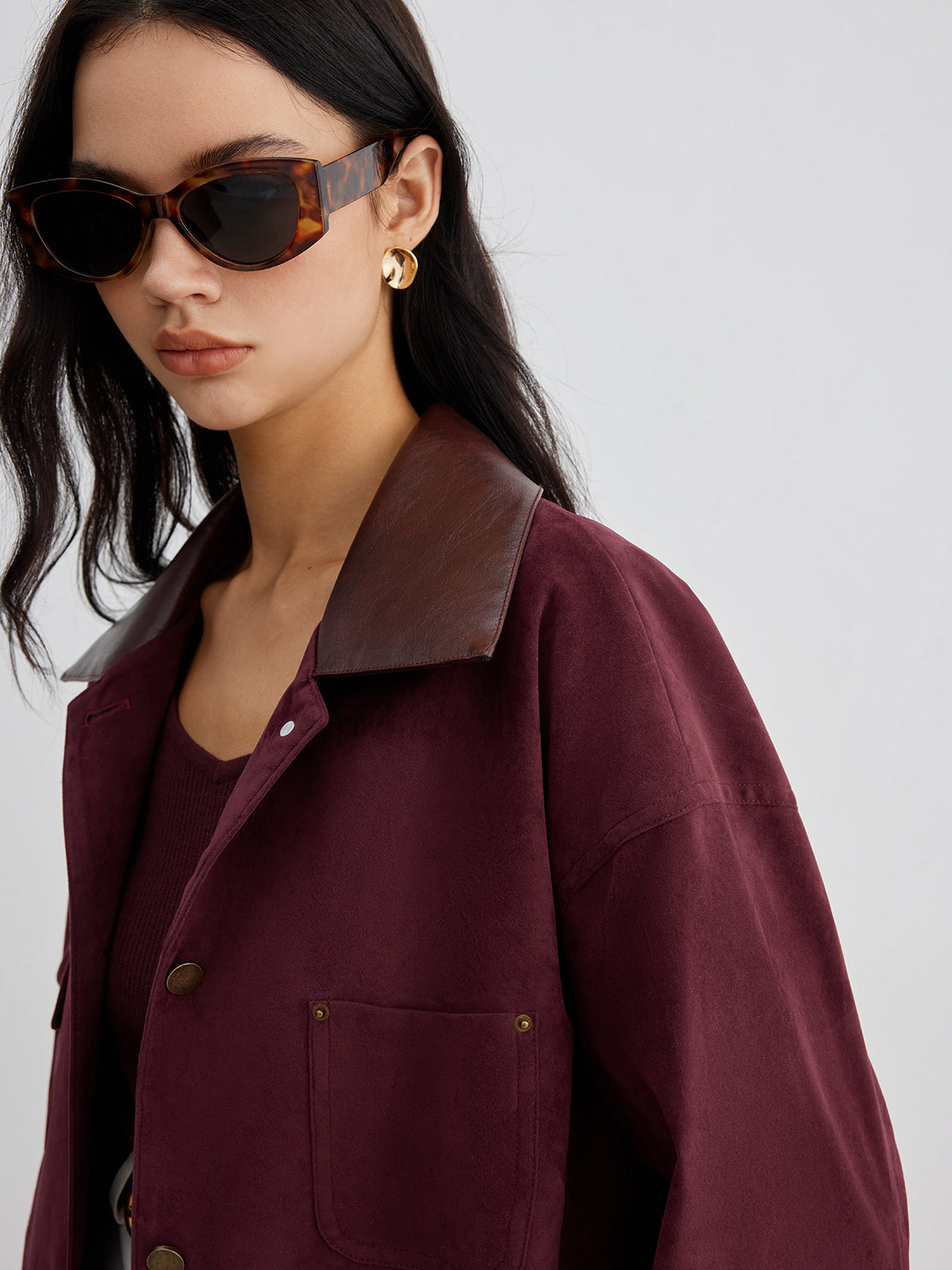 Suede Contrast Collar Pockets Jacket-Mesadic
