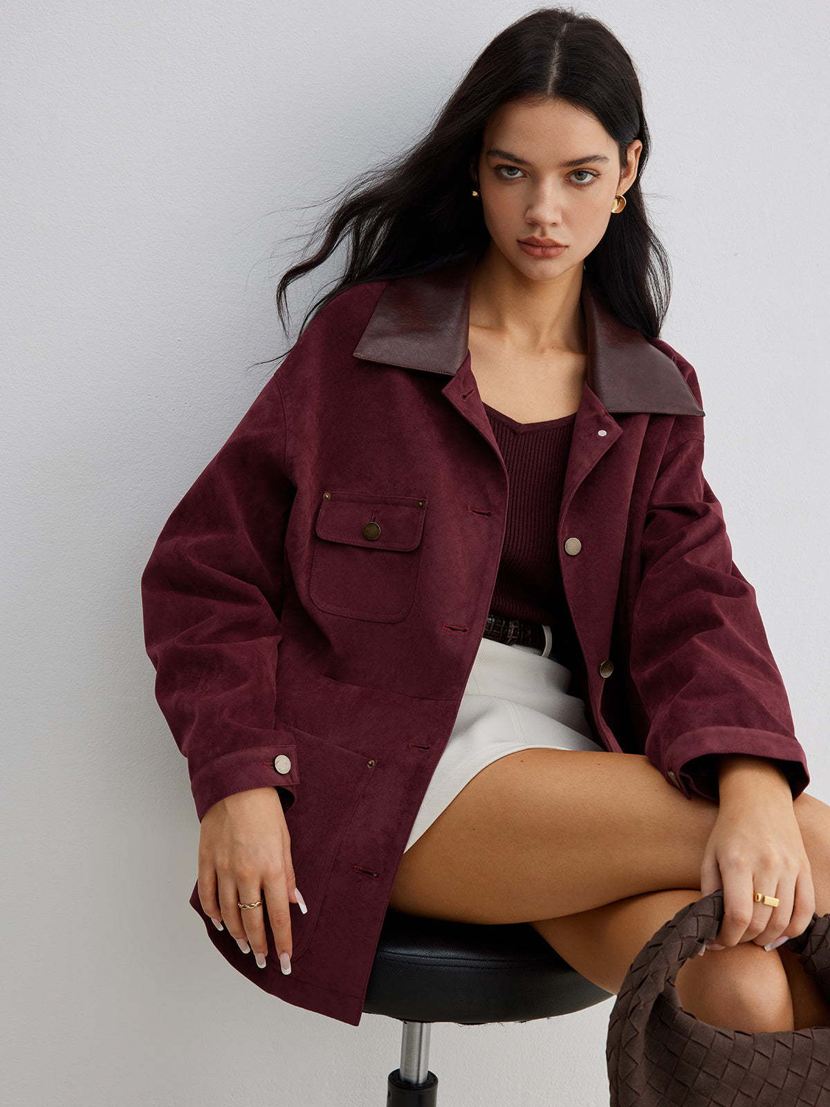 Suede Contrast Collar Pockets Jacket-Mesadic