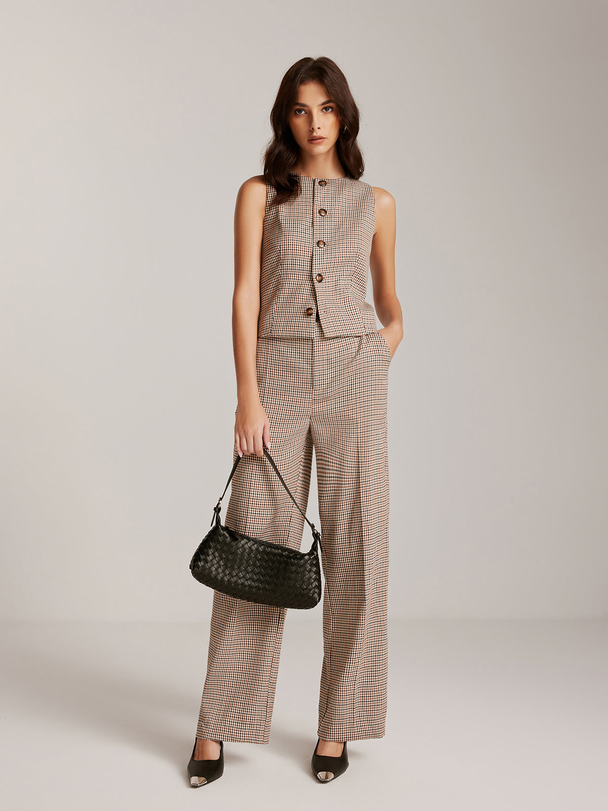 High-Waist Plaid Belted Pants-Mesadic