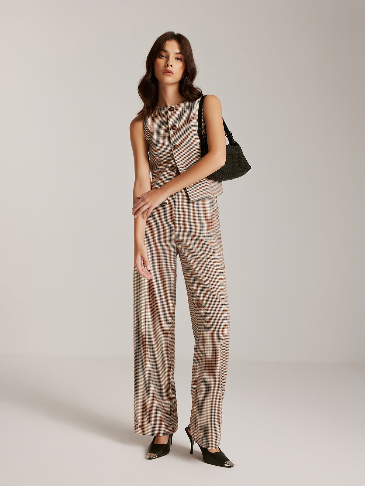 High-Waist Plaid Belted Pants-Mesadic