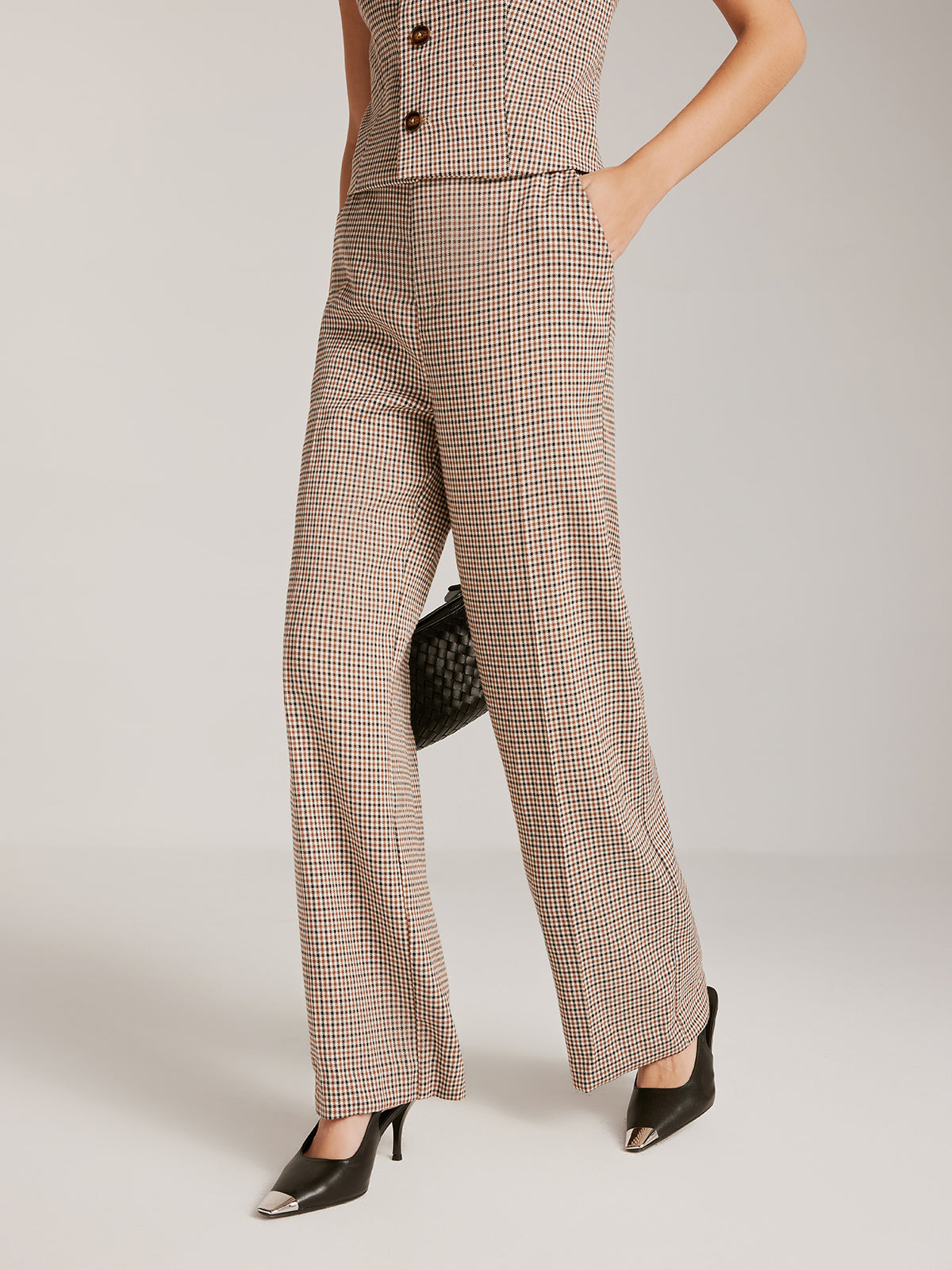 High-Waist Plaid Belted Pants-Mesadic