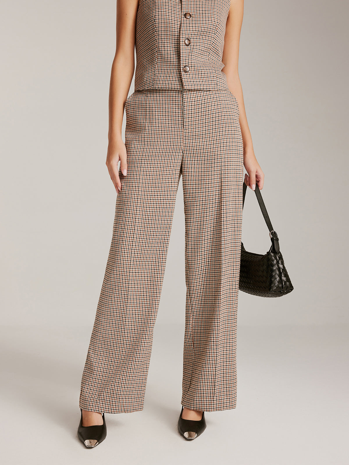 High-Waist Plaid Belted Pants-Mesadic