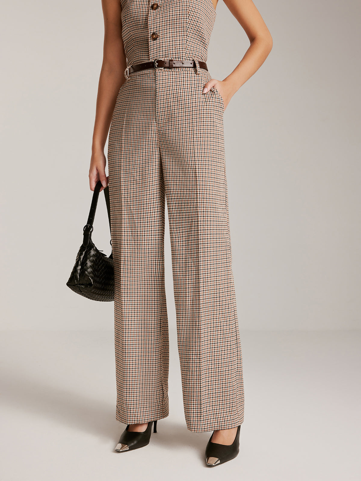 High-Waist Plaid Belted Pants-Mesadic