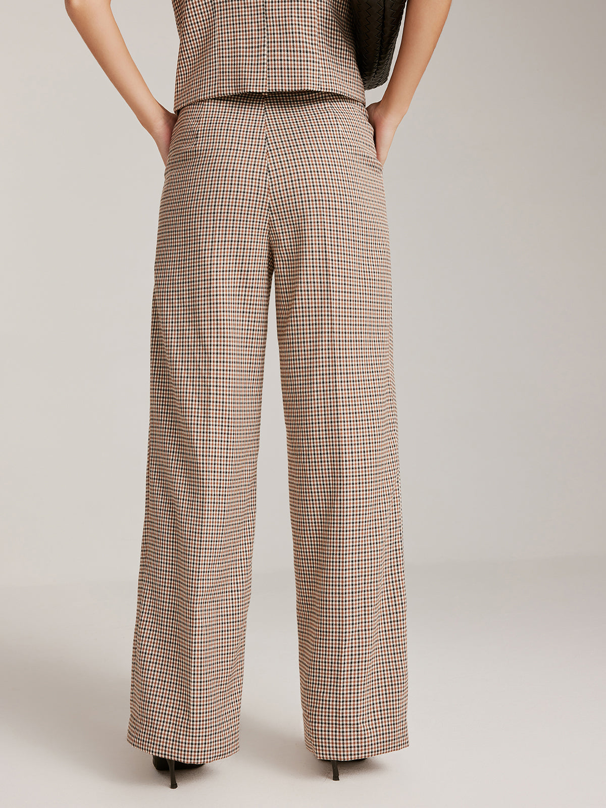 High-Waist Plaid Belted Pants-Mesadic