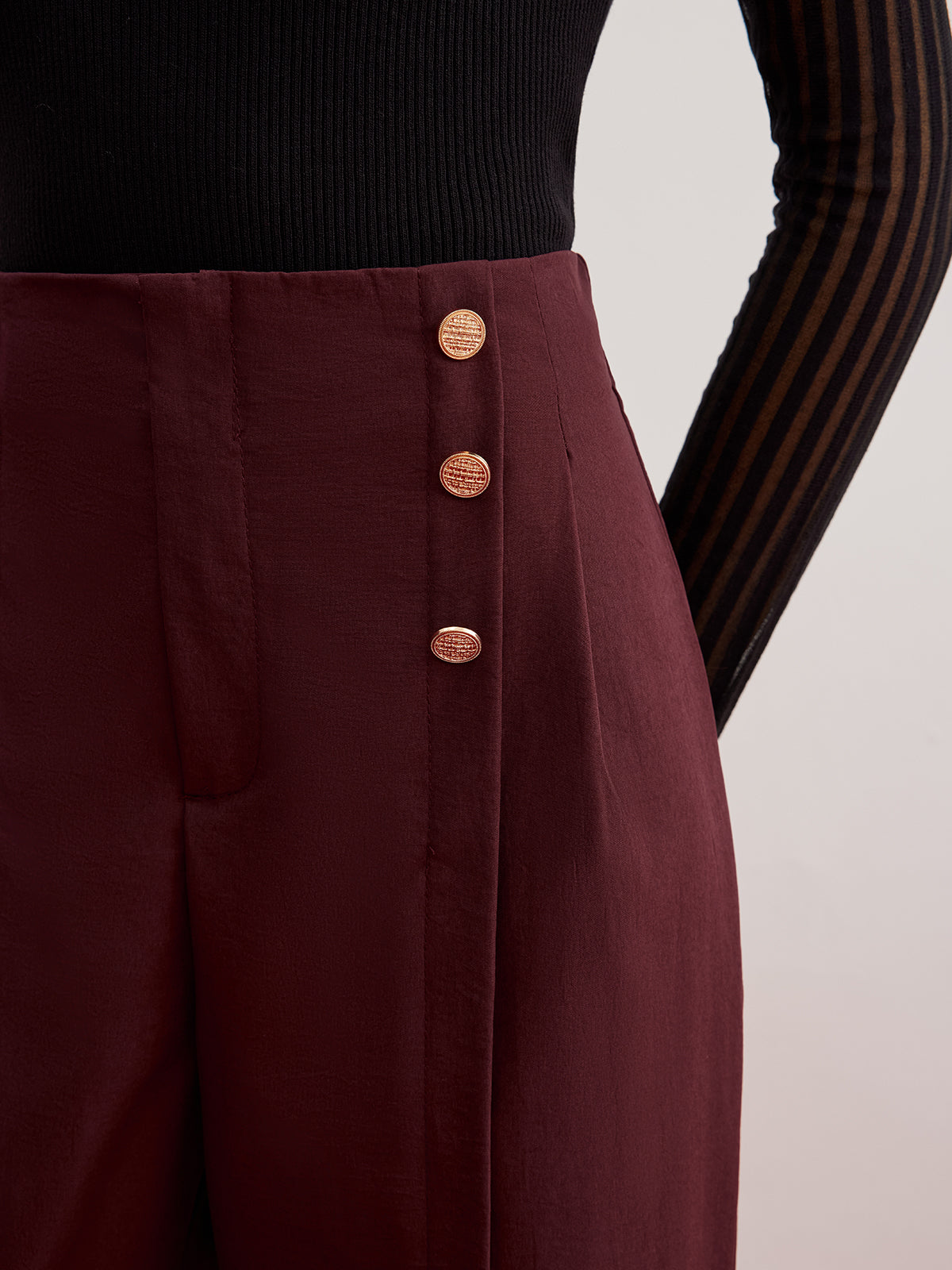 Button Decor Split Wide-Leg Pants-Mesadic