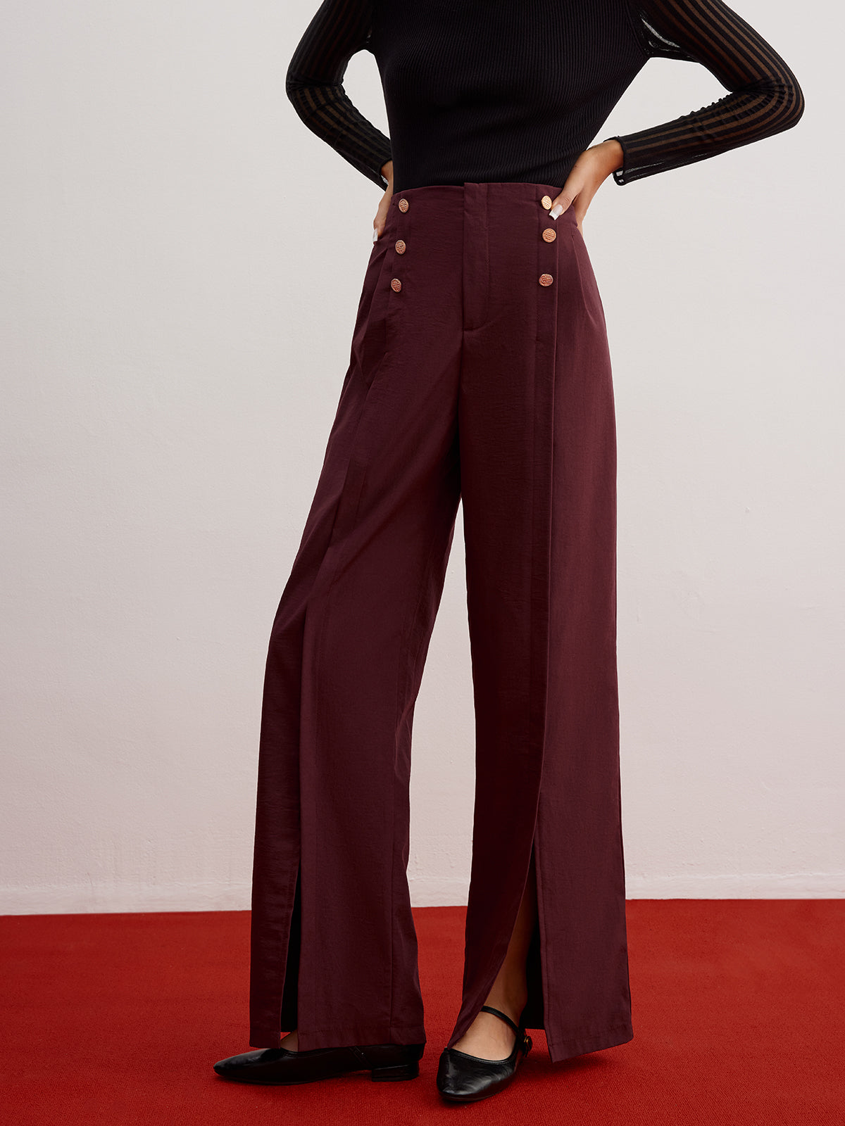Button Decor Split Wide-Leg Pants-Mesadic