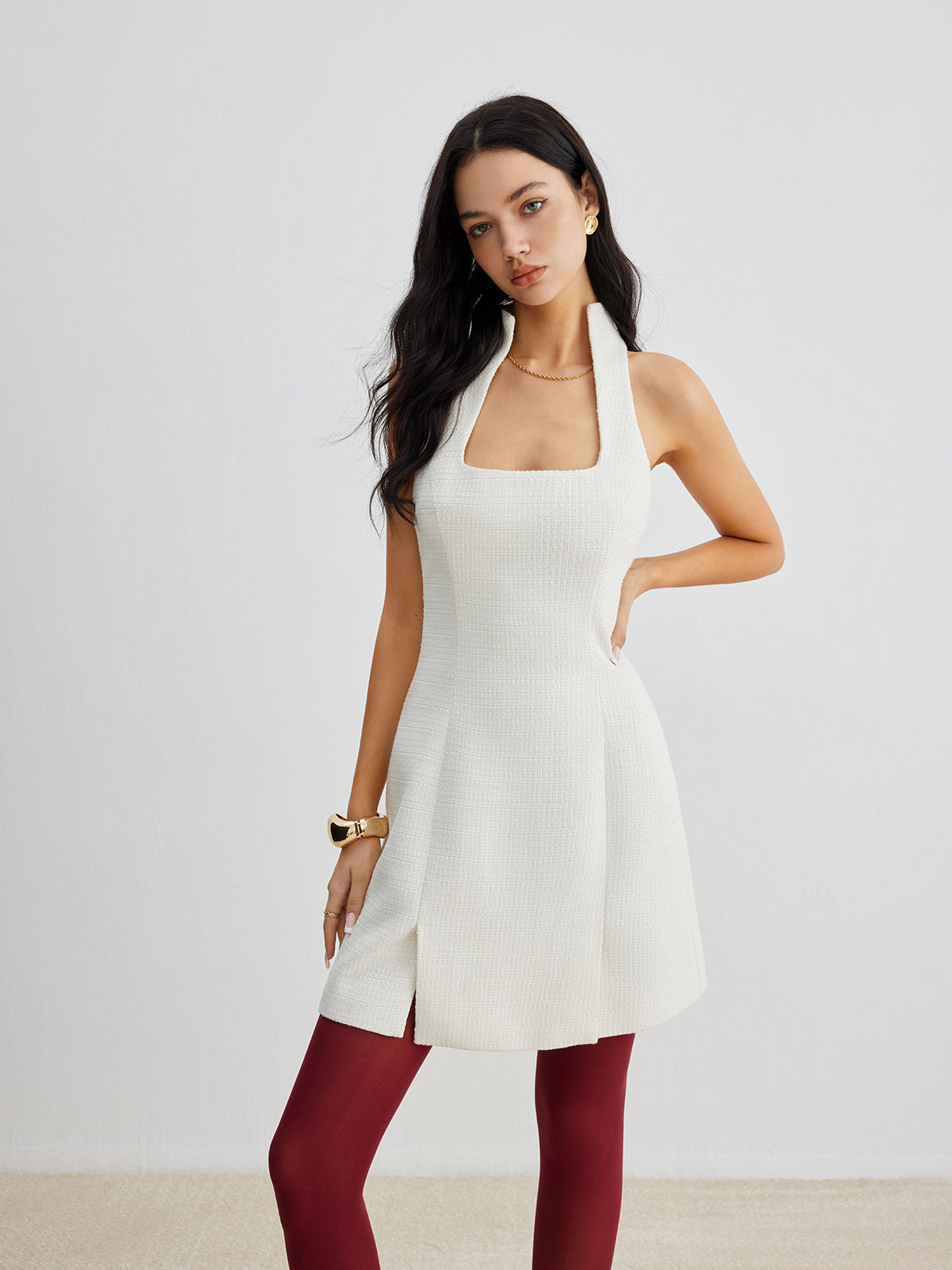 Square Neck Tweed Zipper Dress-Mesadic