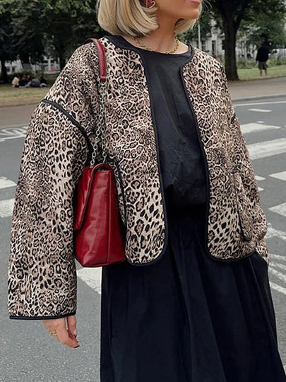 Contrast Trim Leopard Printed Winter Coat-Mesadic