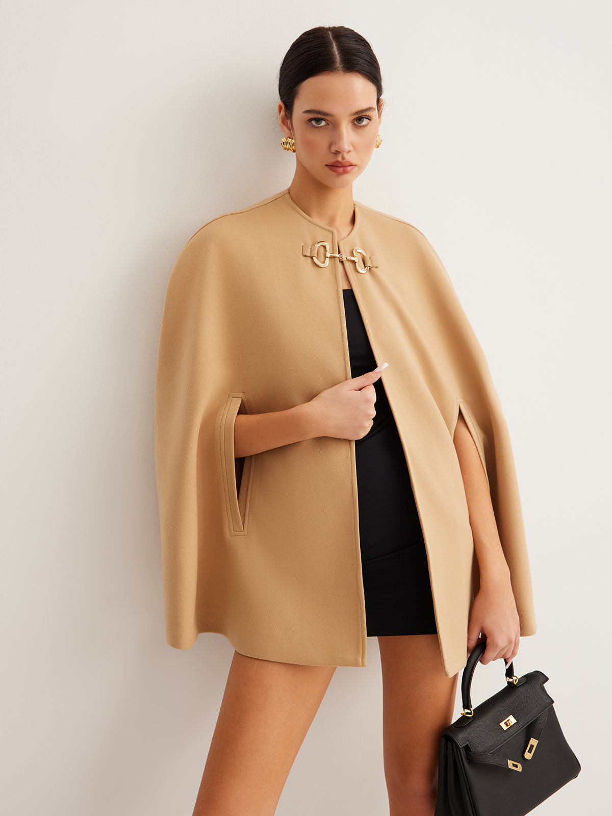 Metal Detail Plain Tweed Cloak-Mesadic