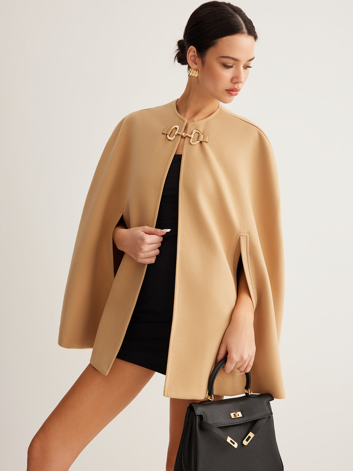 Metal Detail Plain Tweed Cloak-Mesadic