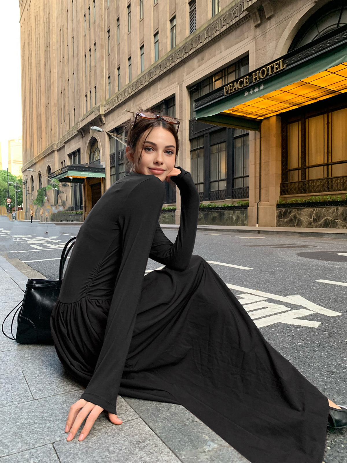 Plain Long Sleeve Pleated Dress-Mesadic