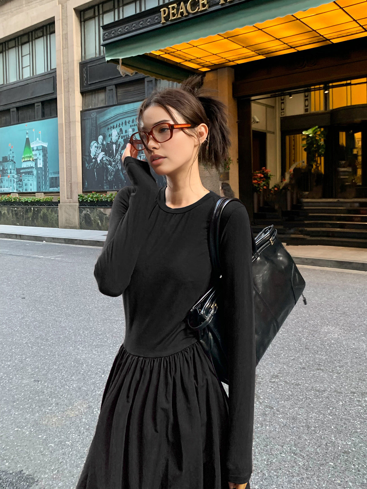 Plain Long Sleeve Pleated Dress-Mesadic