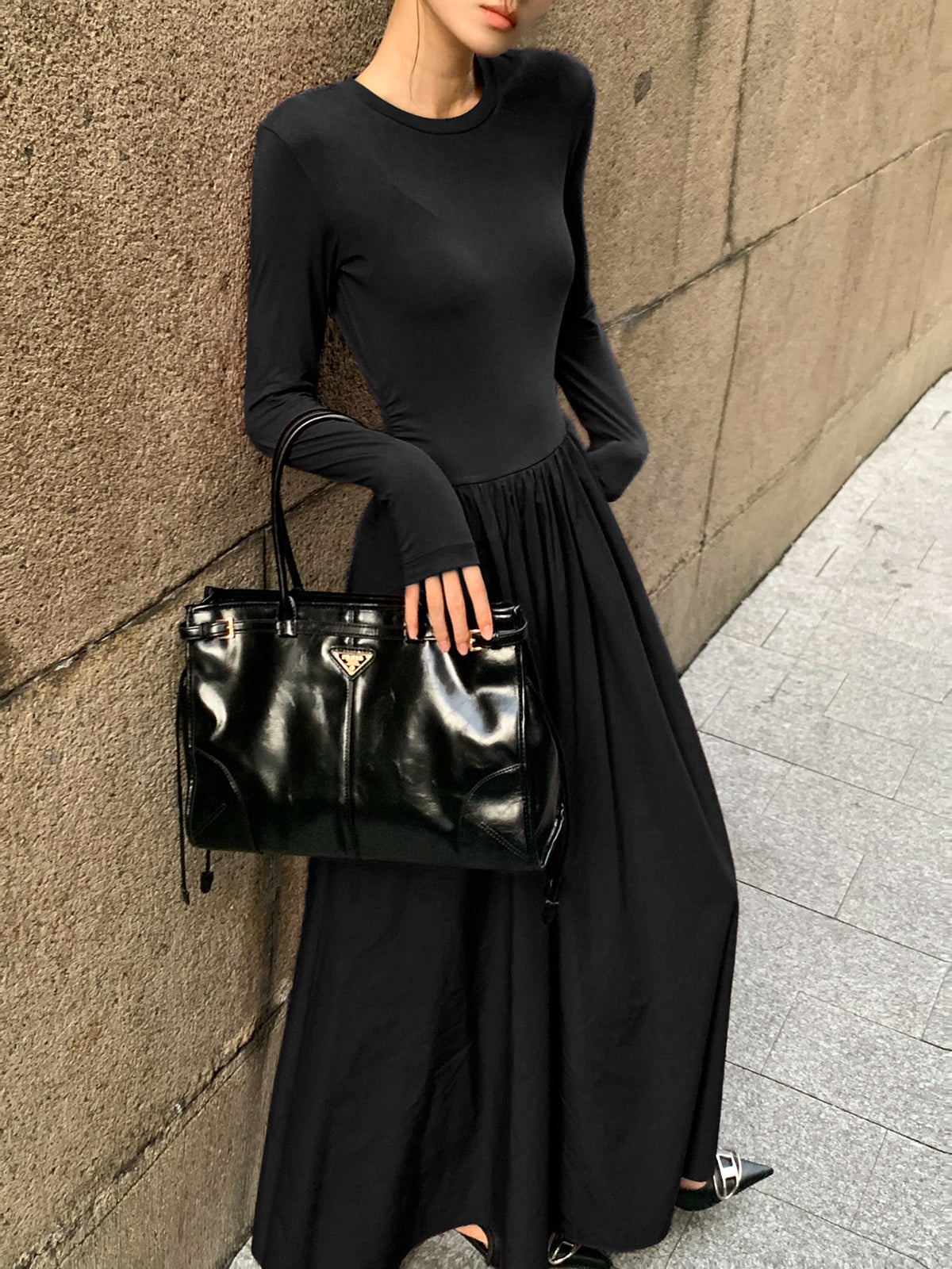 Plain Long Sleeve Pleated Dress-Mesadic