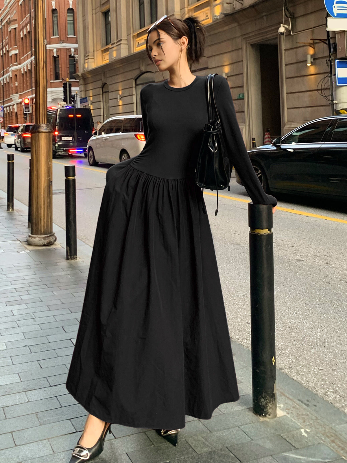 Plain Long Sleeve Pleated Dress-Mesadic