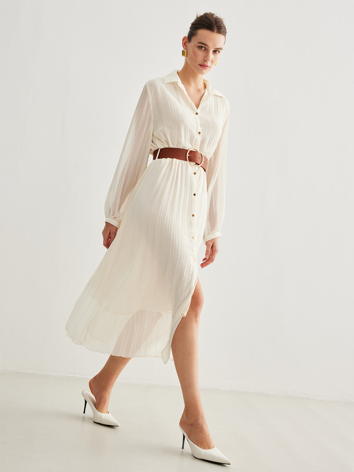 Chiffon Button Pleated Dress With Belt-Trafni