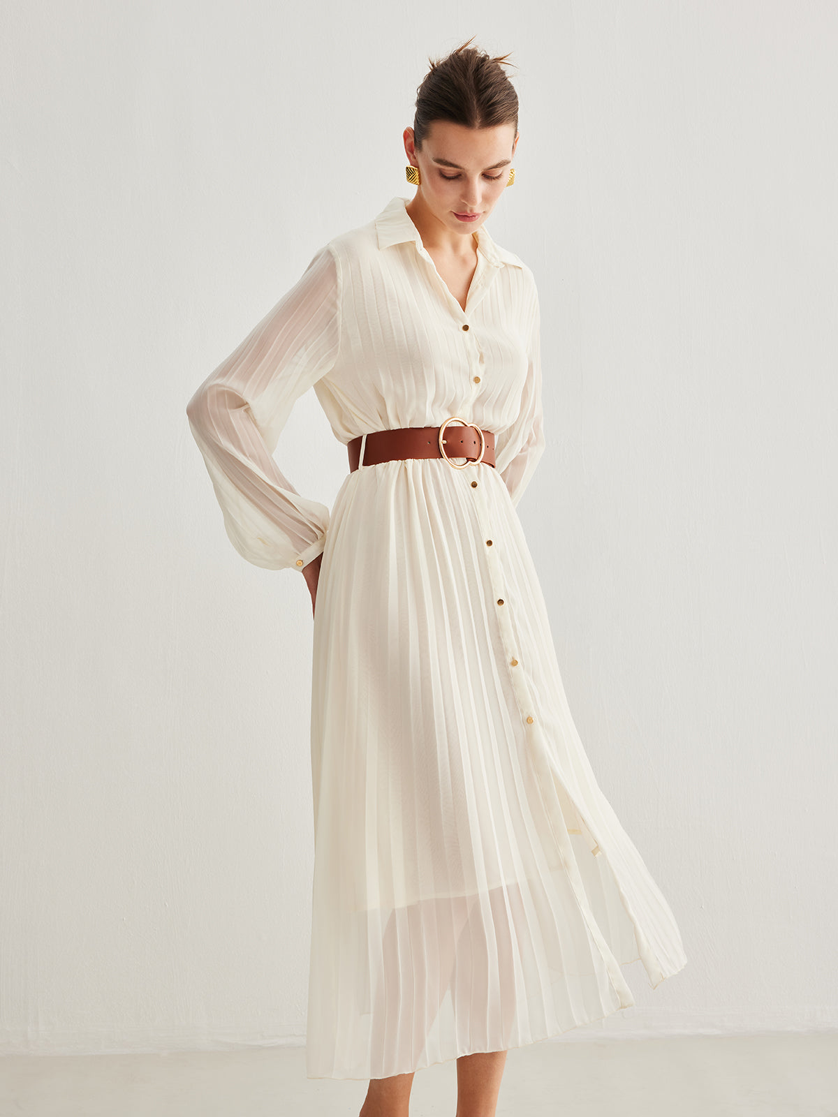 Chiffon Button Pleated Dress With Belt-Trafni