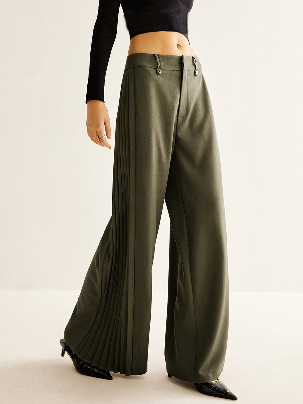 Side Pleated Wide-Leg Pants-Mesadic