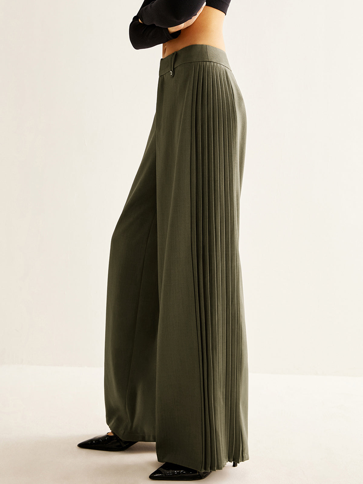 Side Pleated Wide-Leg Pants-Mesadic