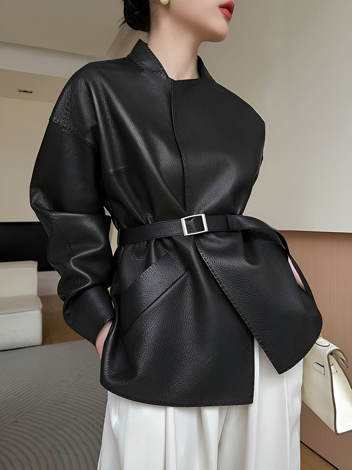 Stand Collar Belted Faux Leather Jacket-Mesadic
