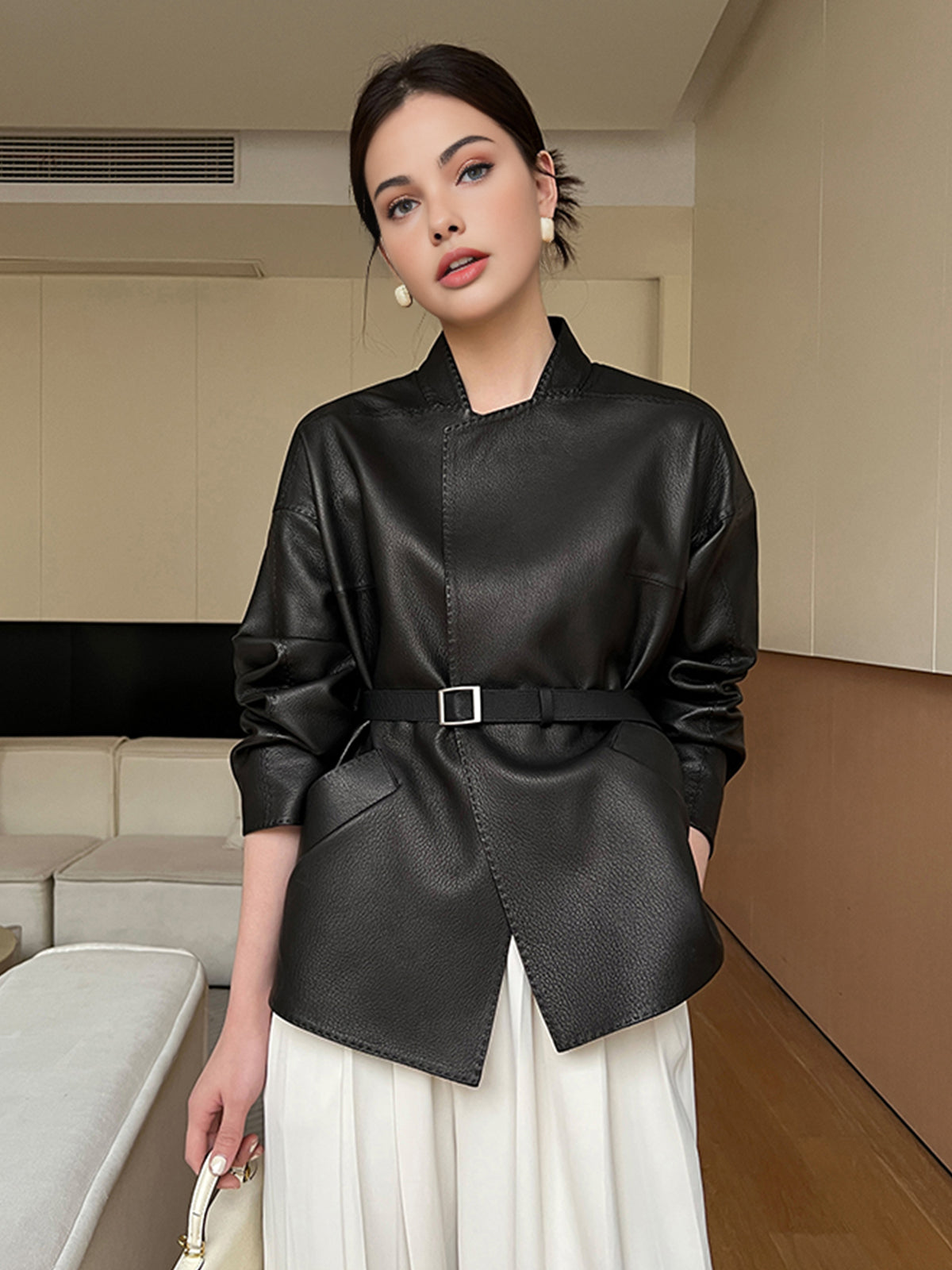 Stand Collar Belted Faux Leather Jacket-Mesadic
