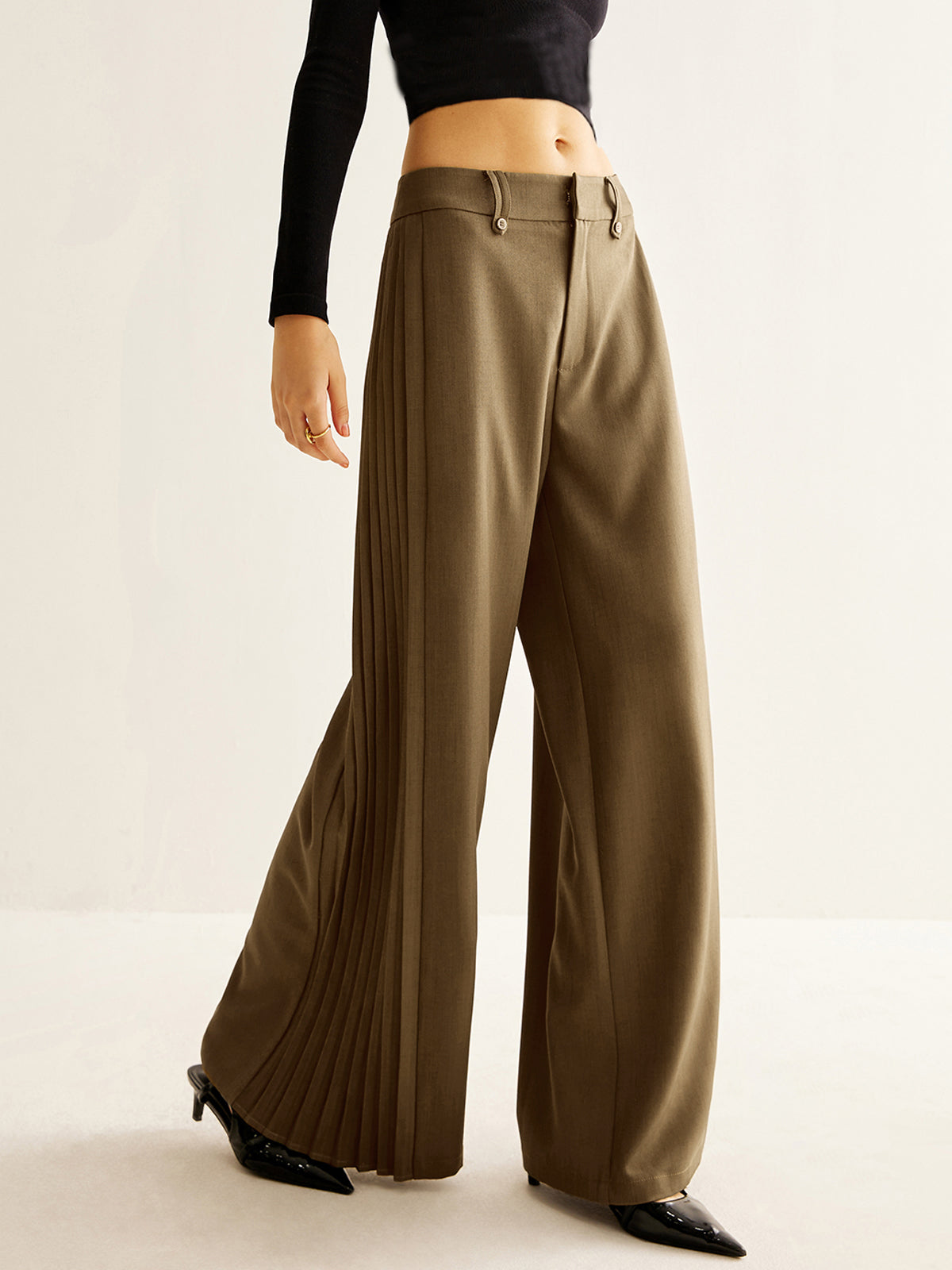 Side Pleated Wide-Leg Pants-Mesadic