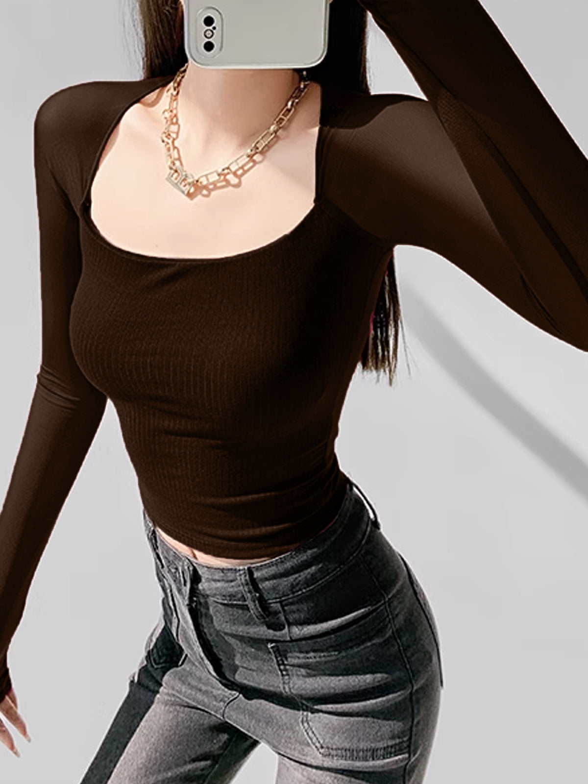 Square Neck Panel Crop T-Shirt-Mesadic