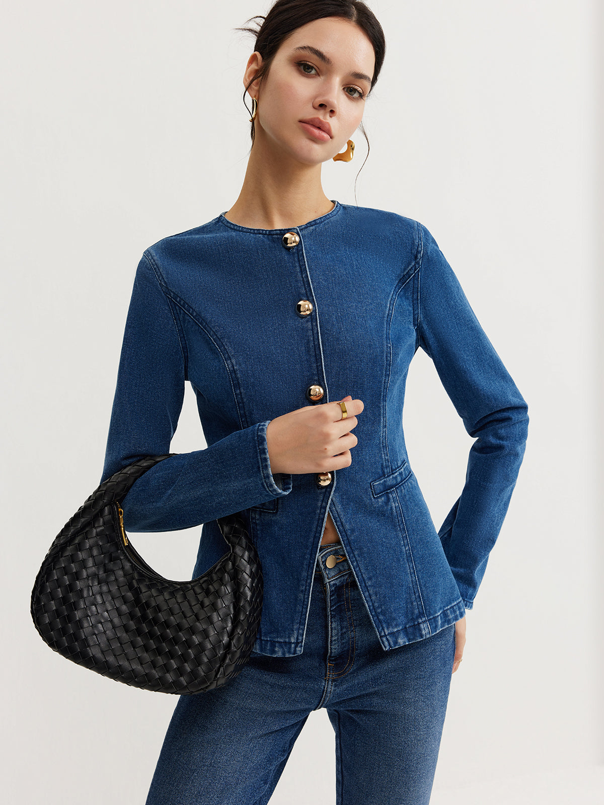 Button Down Denim Slim Jacket-Mesadic