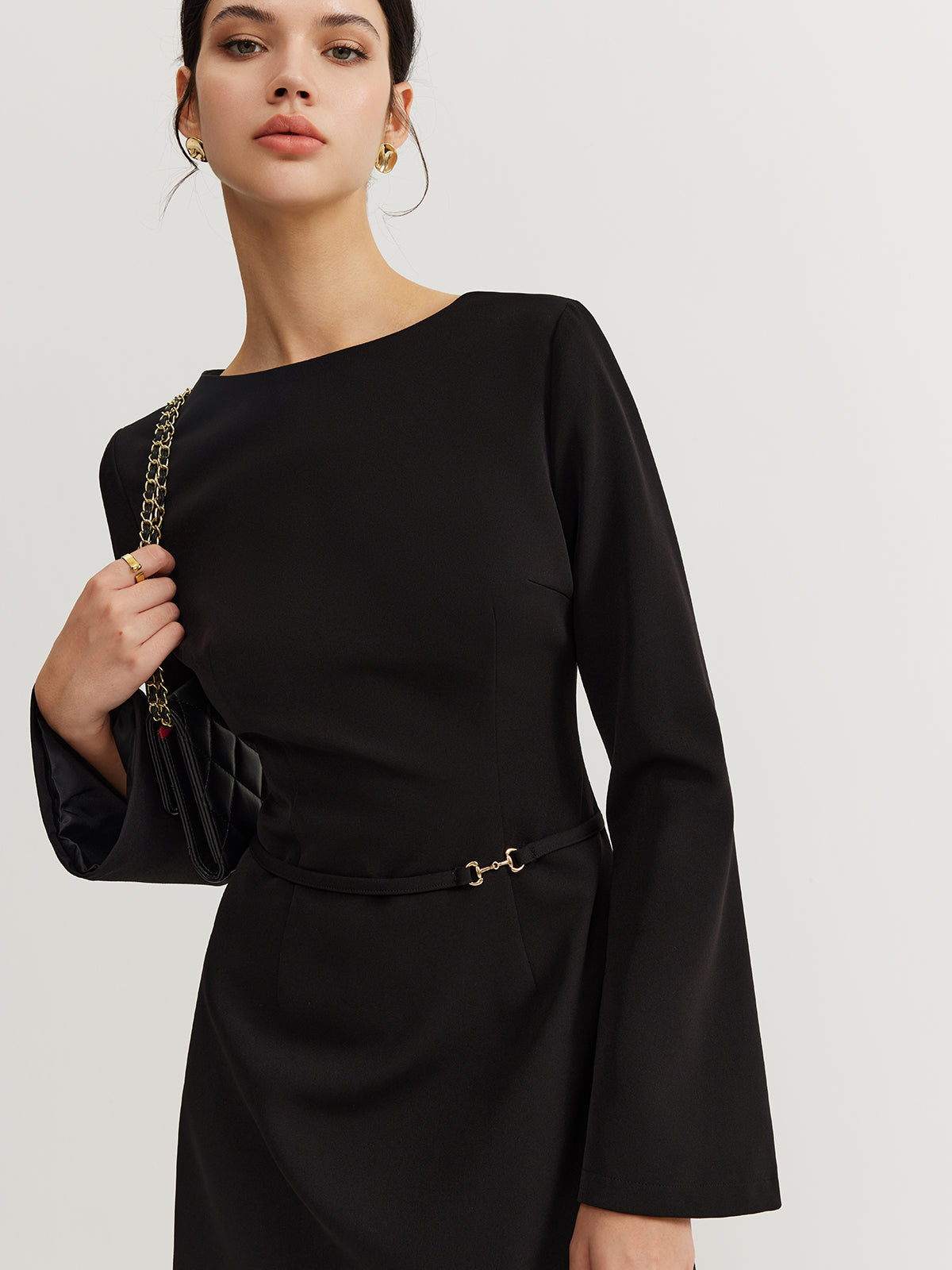 Minimalist Long Sleeve Belted Dress-Mesadic