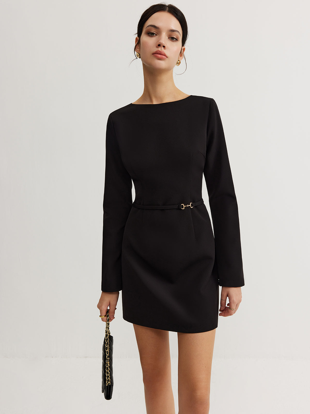 Minimalist Long Sleeve Belted Dress-Mesadic