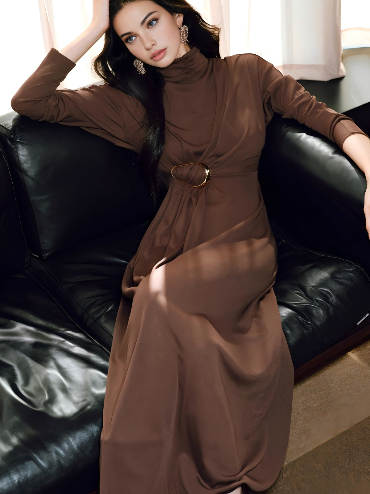 Turtleneck Knotted Pleated Long Dress-Mesadic