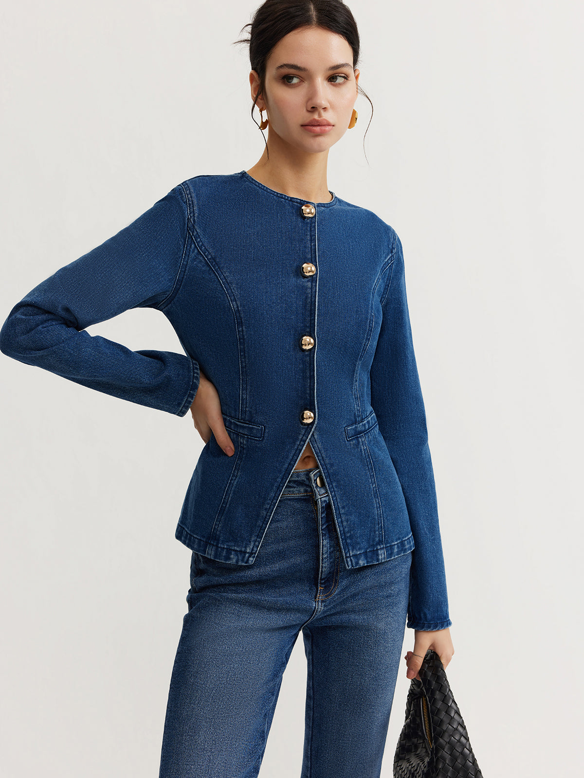 Button Down Denim Slim Jacket-Mesadic
