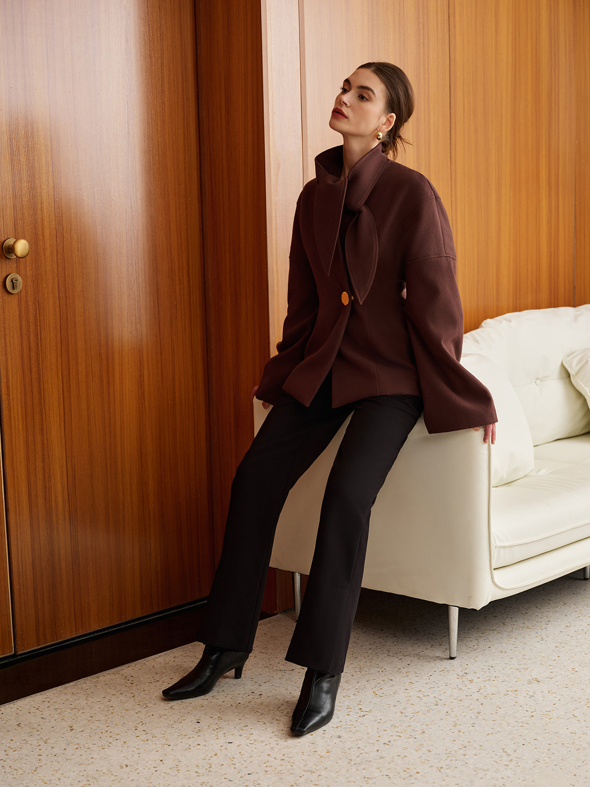 Plain Metal-Button Coat With Scarf-Mesadic