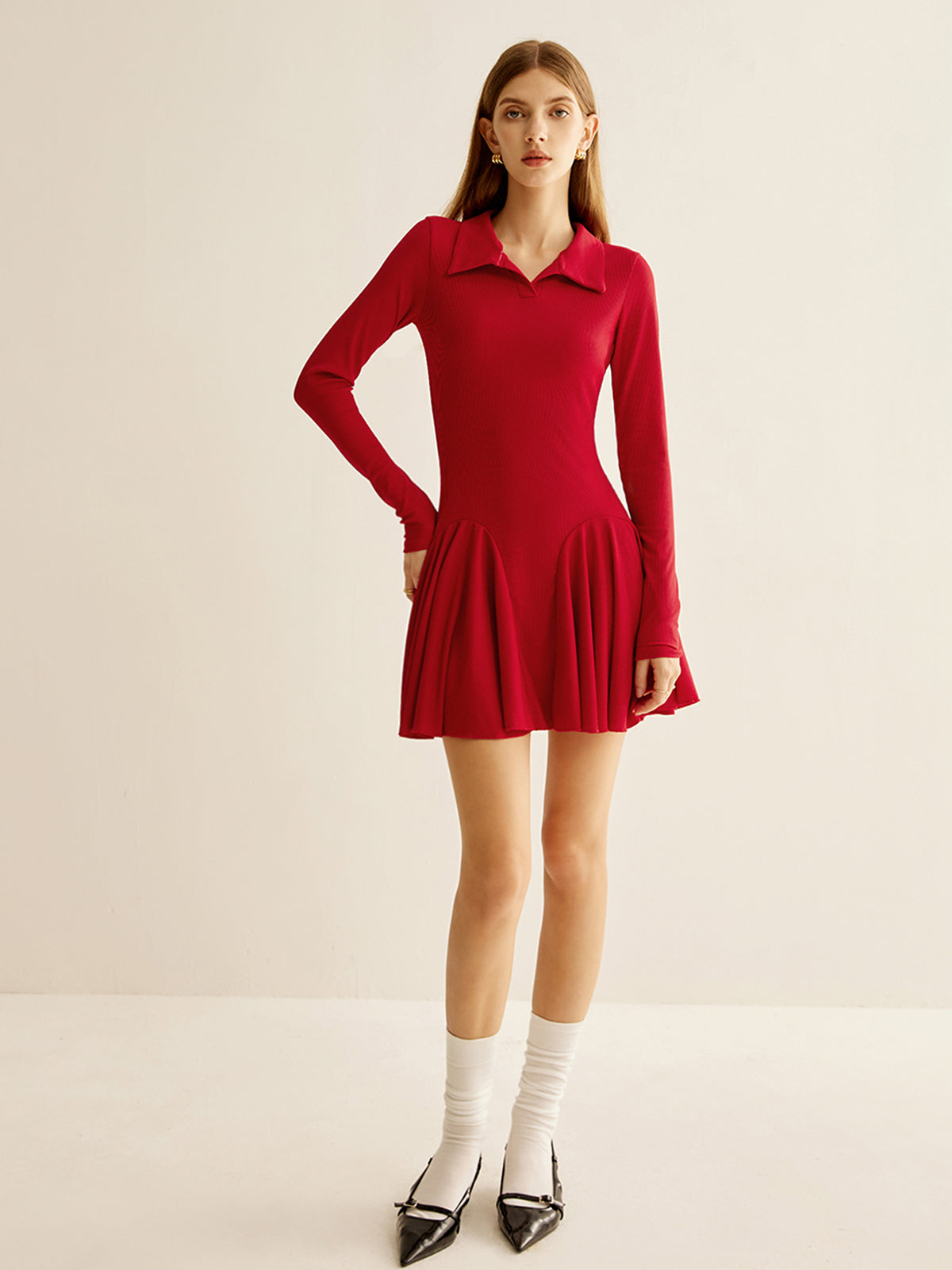 Pleated Ribbed Panel Dress-Mesadic