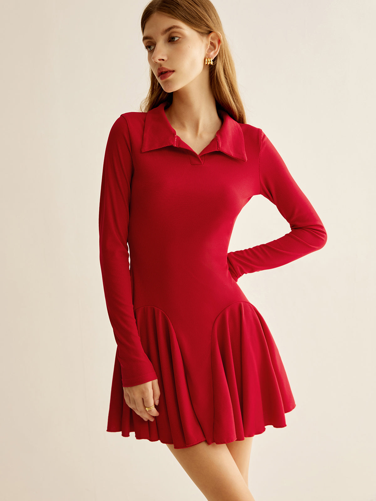 Pleated Ribbed Panel Dress-Mesadic