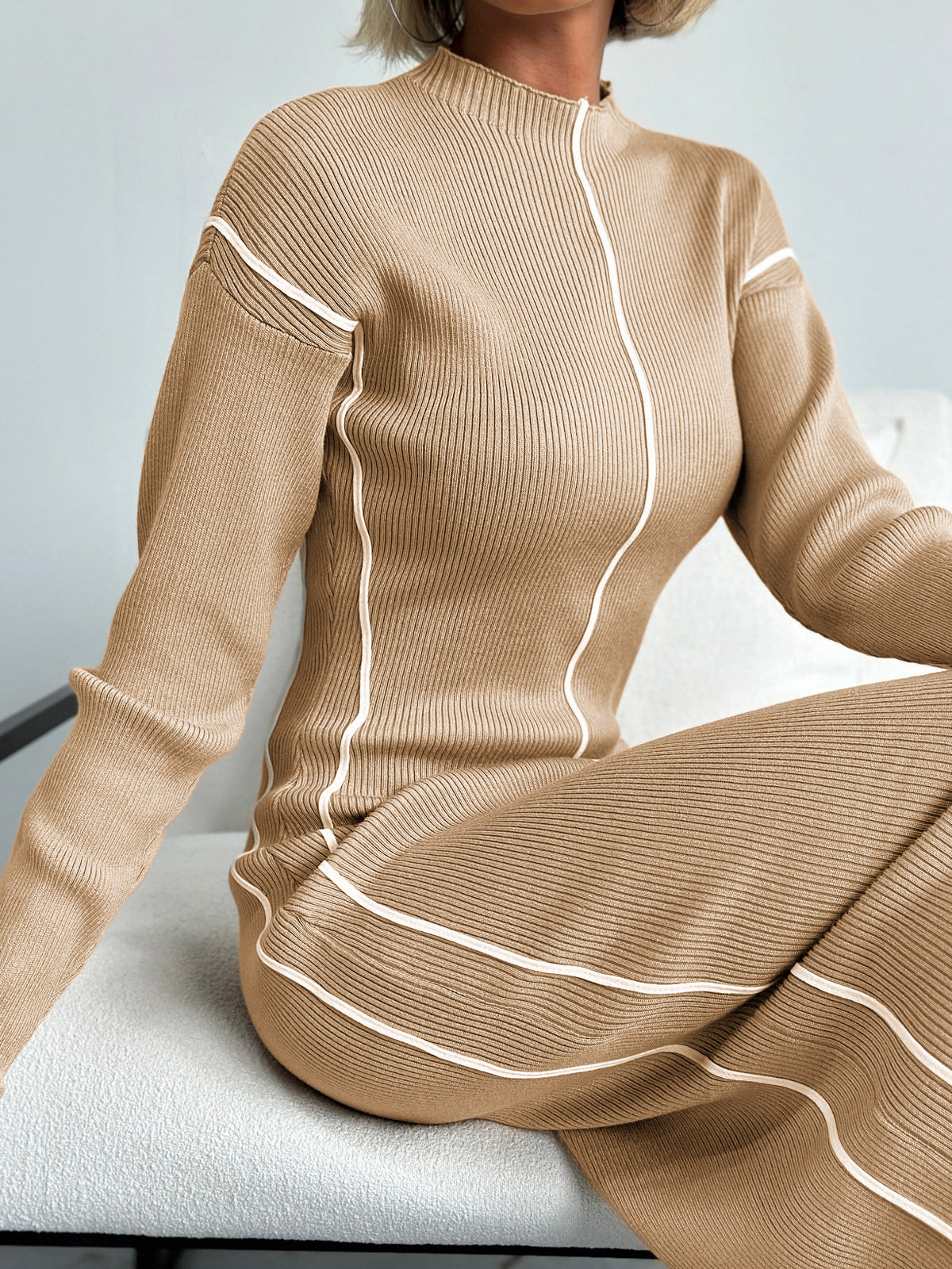 Ribbed Contrast Piping Sweater Dress-Mesadic