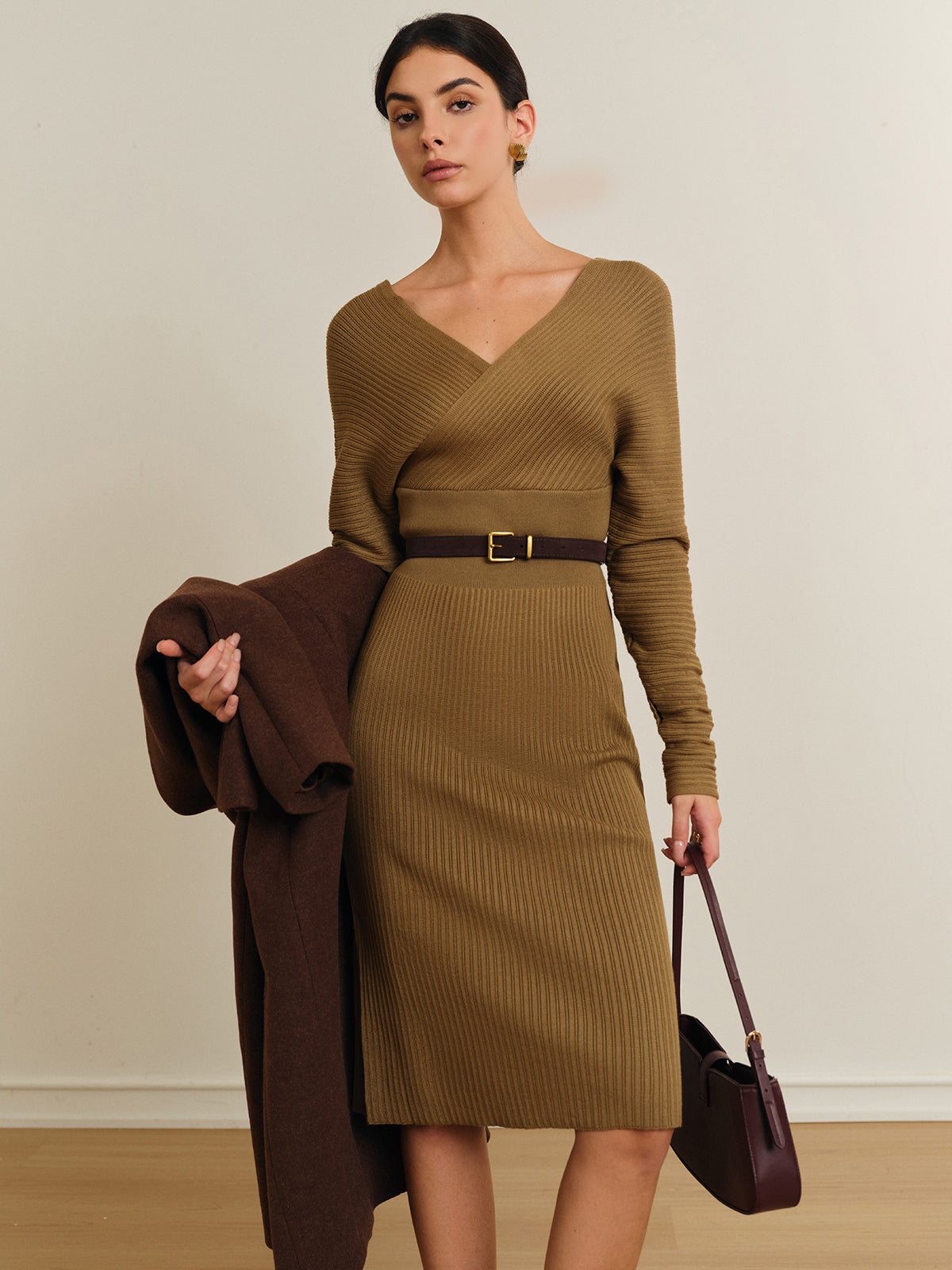 Criss Cross Sweater Dress Without Belt-Mesadic